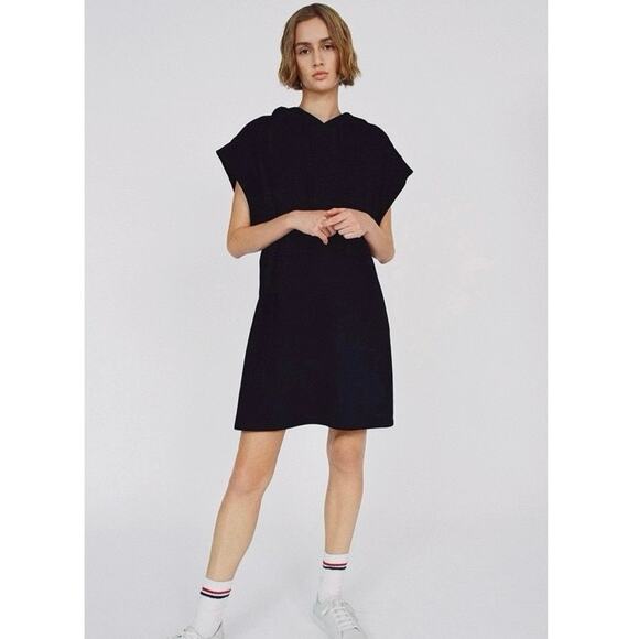 Zara Dresses & Skirts - Zara Black Short Sleeve Drawstring Hooded Hoodie Mini Tunic Sweatshirt Dress M